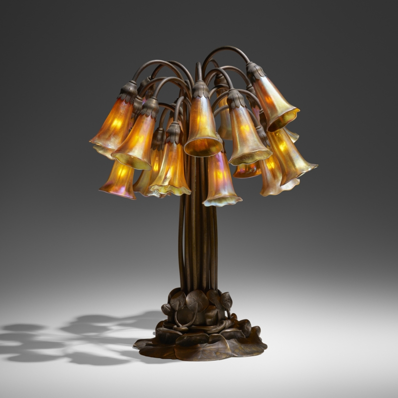 Table Lamp: Organic 18 Light Lily Design, Dark Patina, Iridescent Shades