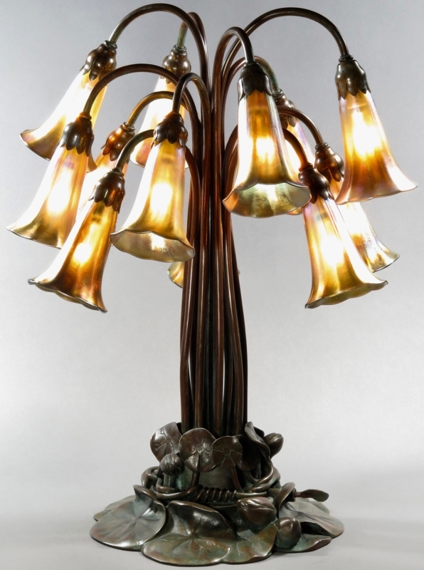 Table Lamp: Patinated Bronze 12 Light Lily, Iridescent Favrile Glass