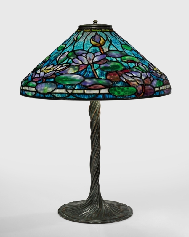Table Lamp: Peacock Blue Stained Glass Pond Lily, Twisted Bronze Stem