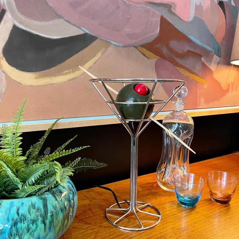 Table Lamp: Polished Chrome Wireframe with Skewered Olive Detail.