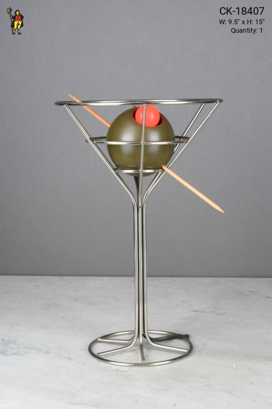 Table Lamp: Polished Wireframe Martini Glass with Light Up Olive Decor.