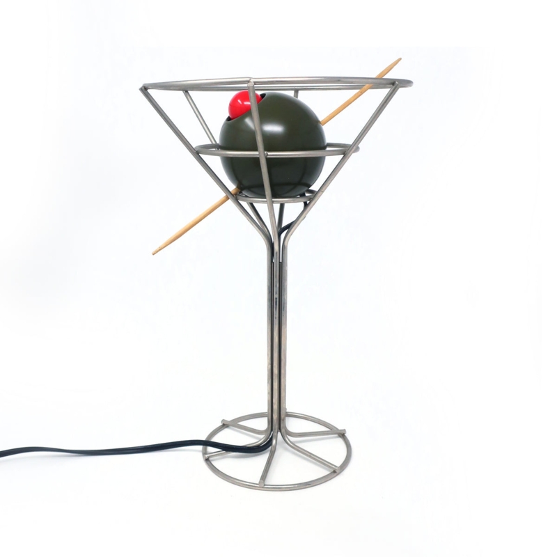 Table Lamp: Postmodern Wireframe Martini Glass with Matte Olive Shade.