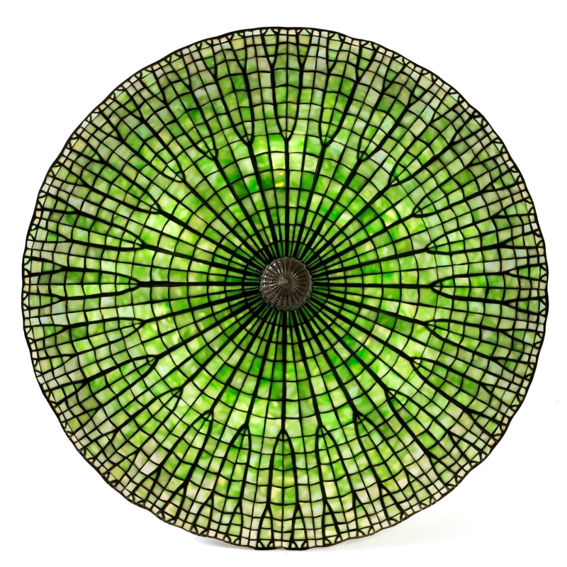 Table Lamp: Radial Leaf Ribbing Green Leaded Glass Shade