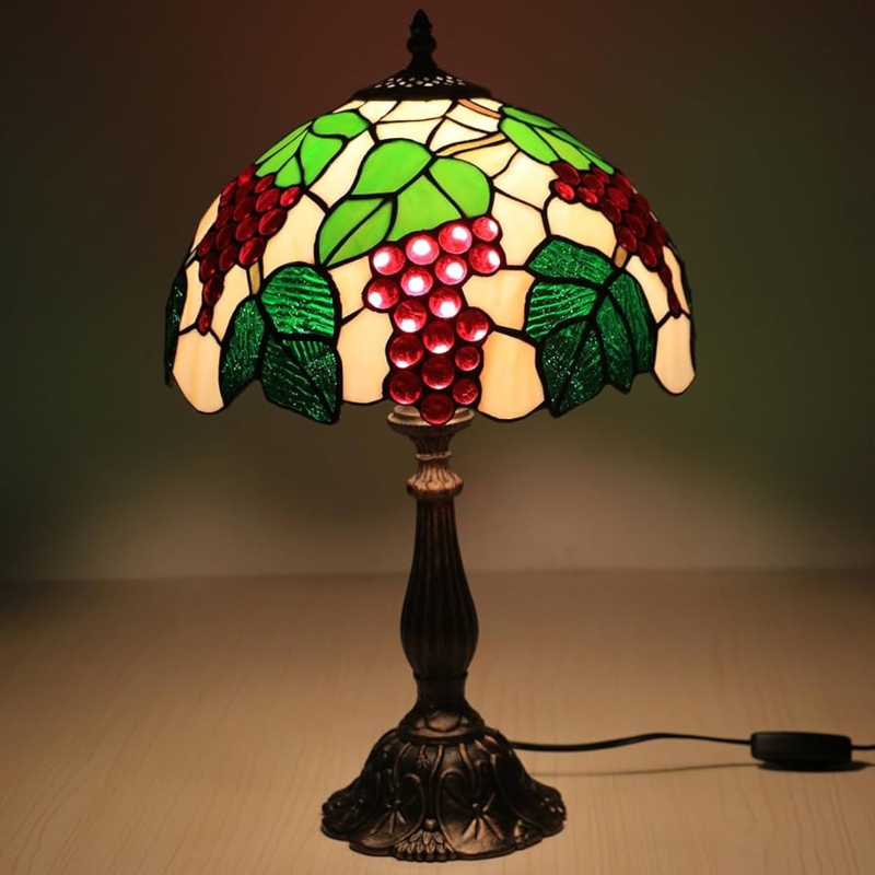 Table Lamp Ruby Grape Pattern on Creamy White Stained Glass Fluted Base