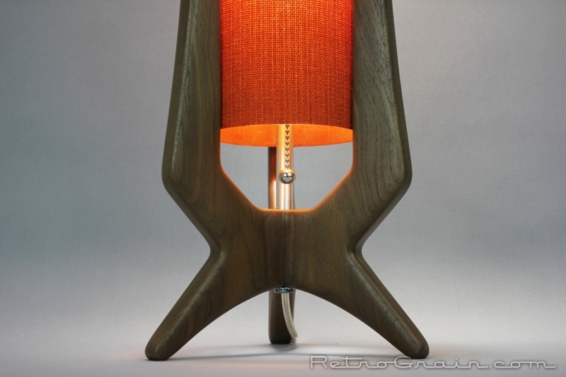 Table Lamp Rust Orange Fabric Shade Sculptural Walnut Base