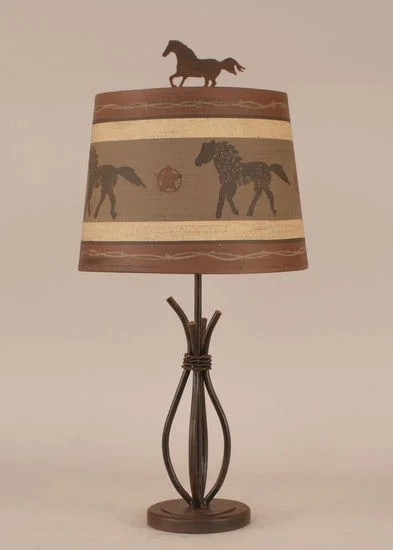 Table Lamp: Rustic Western Style, Horse Finial, Barbed Wire Motif Shade