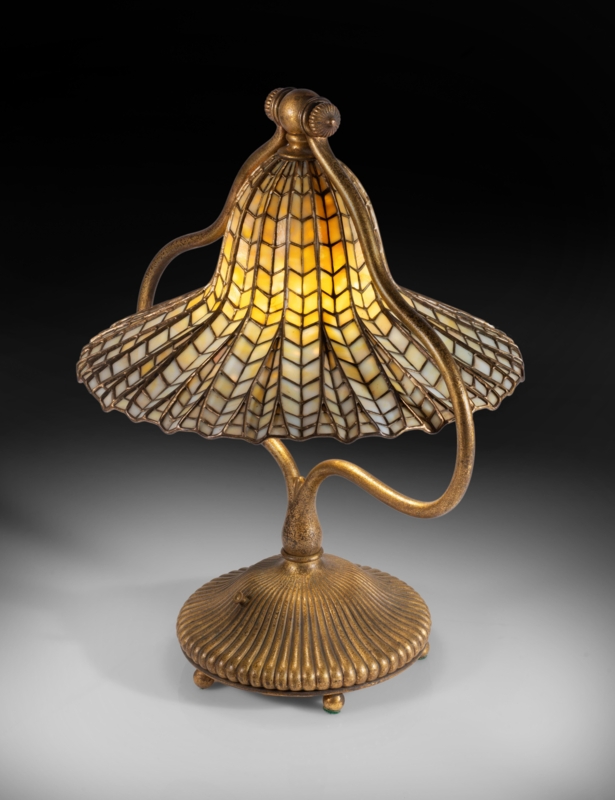 Table Lamp: S-Curve Arm Amber Chevron Glass Shade Lamp