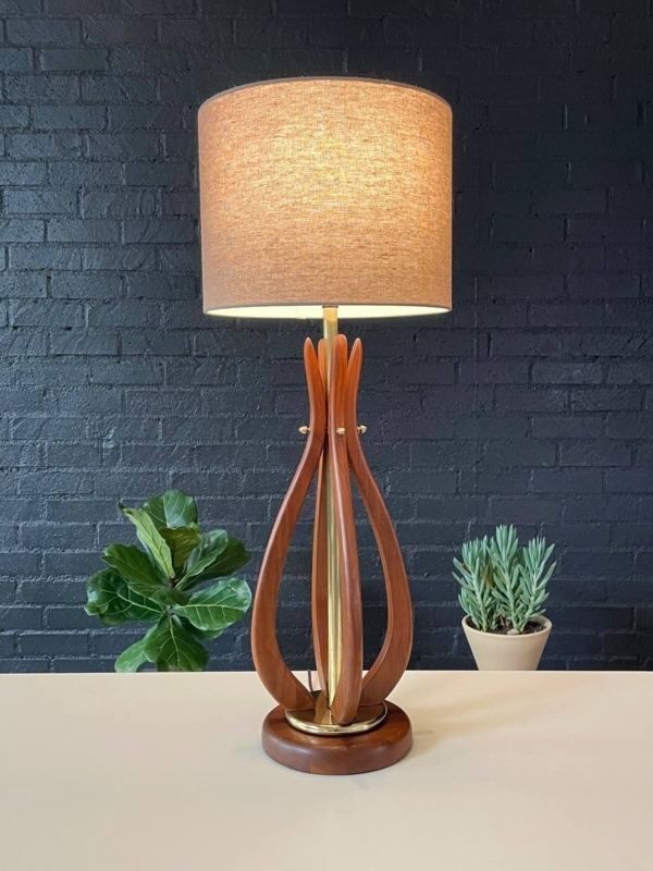Table Lamp Sculpted Walnut Wishbone Base Brass Accents