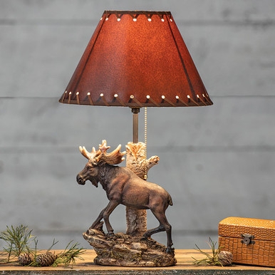 Table Lamp Sculptural Moose, Birch Trunk Stem, Whipstitched Shade