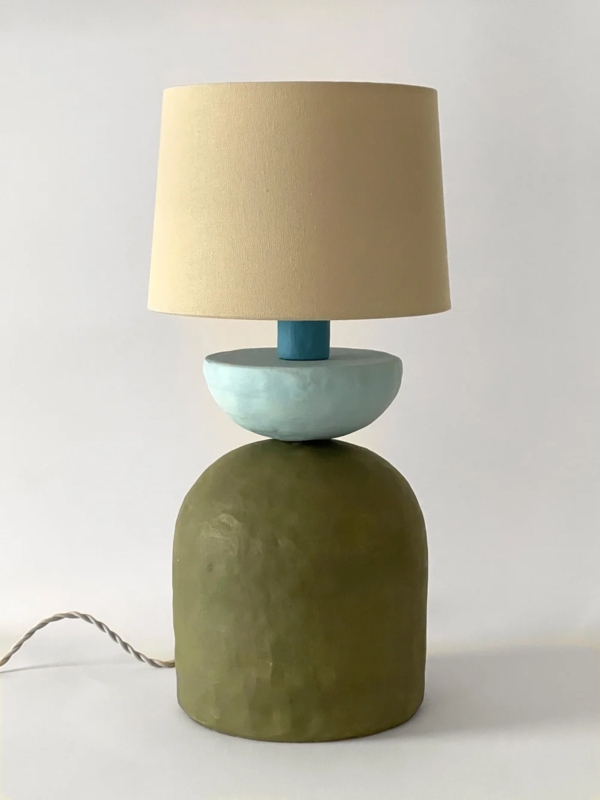 Table Lamp Sculptural Stacked Geometric Base Avocado Green Ceramic