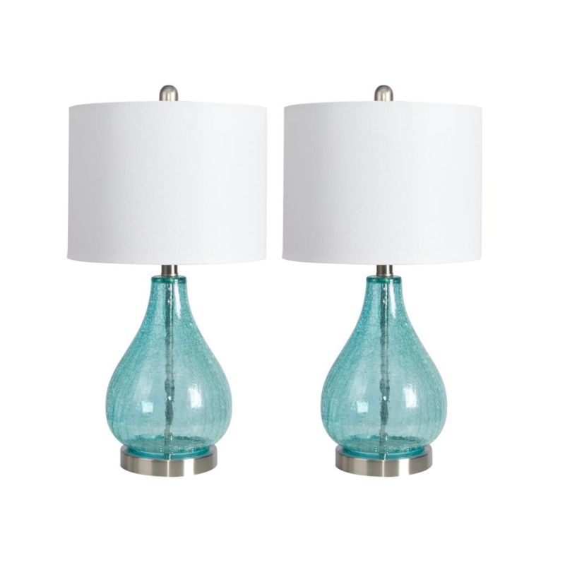 Table Lamp Set Aqua Crackle Glass Teardrop Base