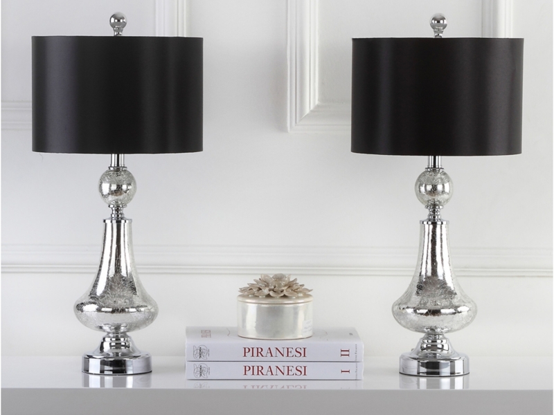Table Lamp Set Black Drum Shades Silver Pedestals