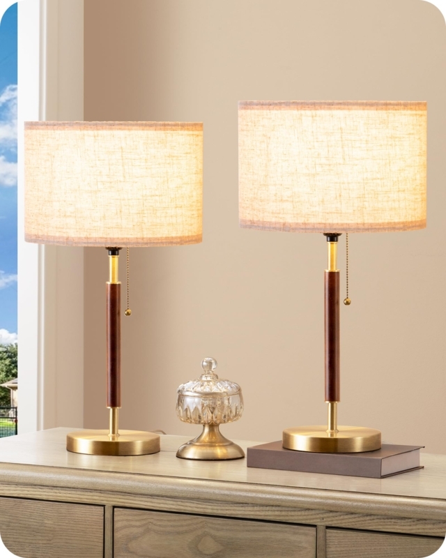 Table Lamp Set Brushed Gold Walnut Wood Pull Chain Switch