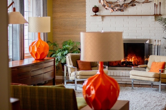 Table Lamp Set Orange Honeycomb Texture Glossy Ceramic Base
