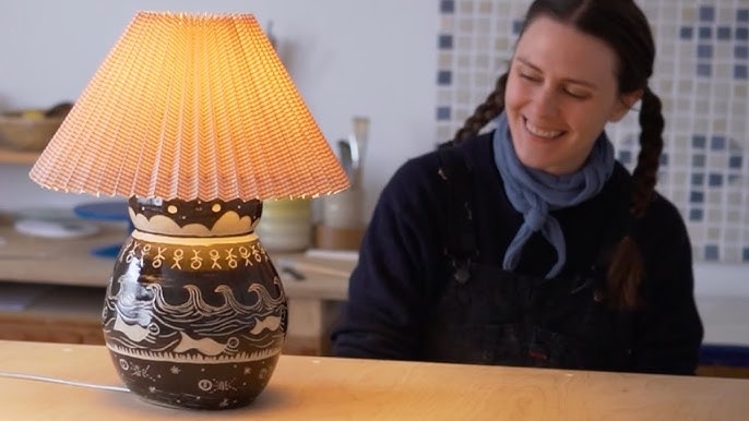 Table Lamp Sgraffito Pottery Concertina Shade Wave Motif Folk Art