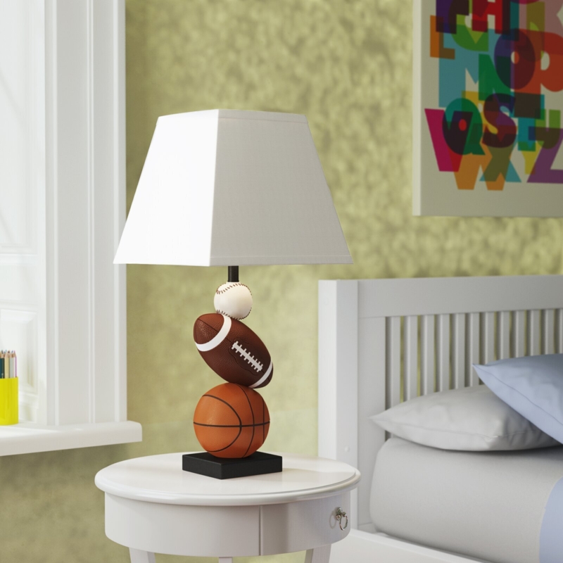 Table Lamp Square Shade Stacked Sports Balls Athletic Theme Room Decor
