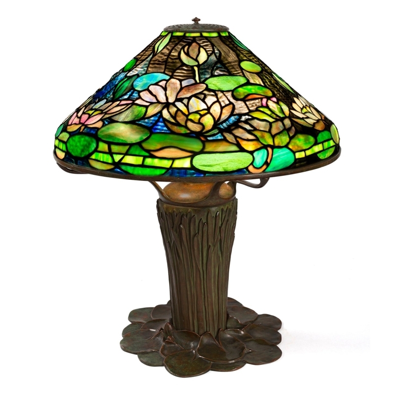Table Lamp: Stained Glass Water Lily Shade, Reeded Bronze Stem