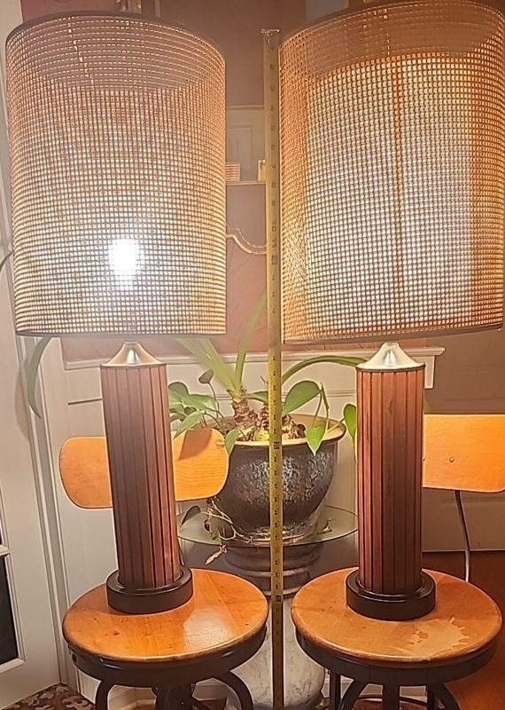 Table Lamp Tall Ribbed Wood Base Woven Rattan Cane Shade