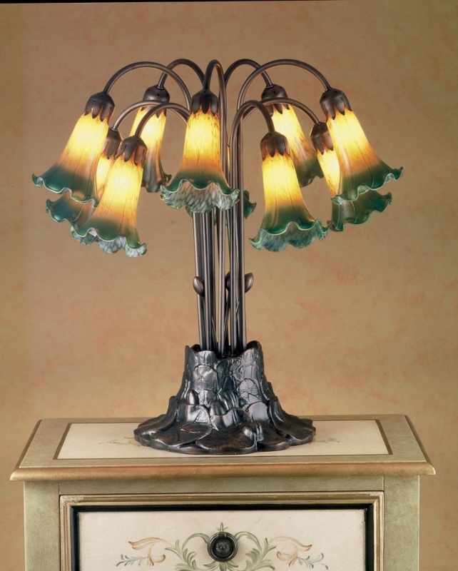 Table Lamp: Ten Light Pond Lily, Amber to Green Gradient Glass Shades