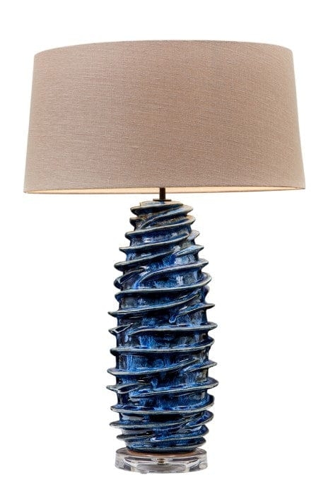 Table Lamp Textured Ceramic Deep Blue Glaze Horizontal Ridges