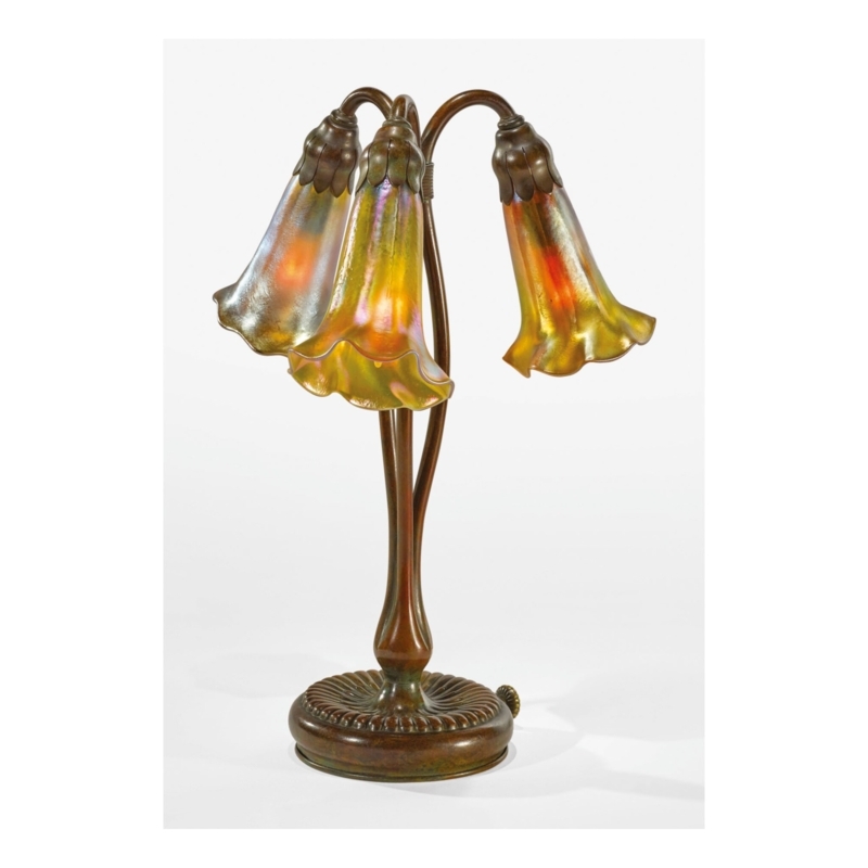 Table Lamp: Three Light Lily, Iridescent Amber Shades, Ribbed Bronze Base