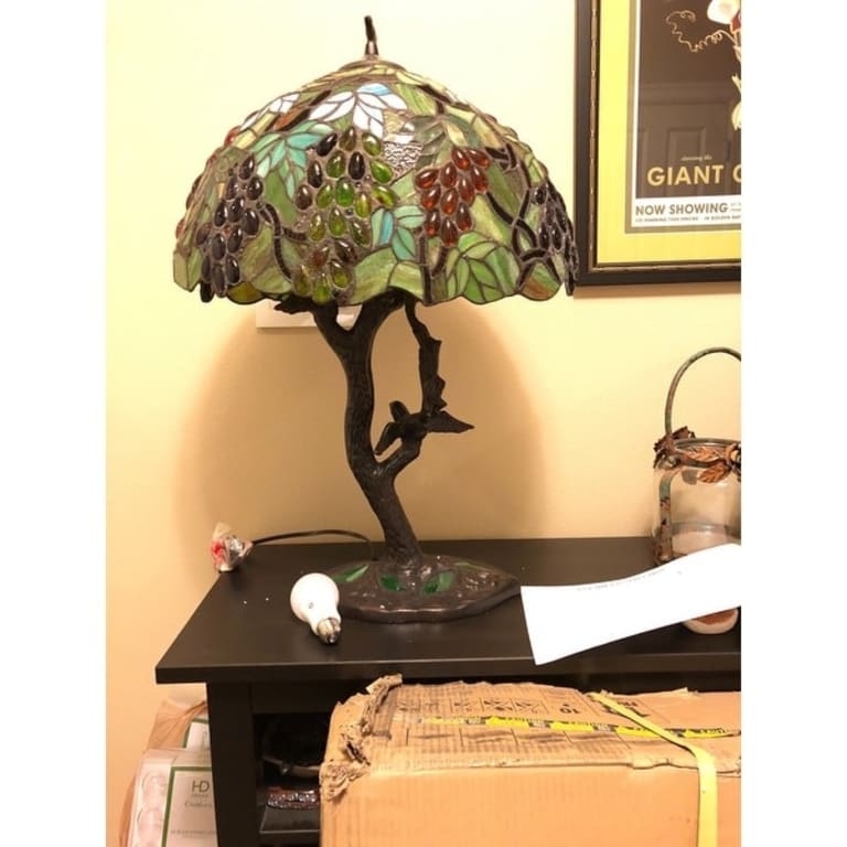 Table Lamp Tree Trunk Base Bird on Branch Mosaic Stained Glass