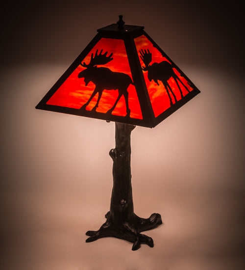 Table Lamp Tree Trunk Base, Moose Silhouette, Rustic Lodge Style