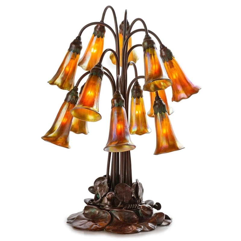 Table Lamp: Twelve Light Lily Cluster, Iridescent Gold, Antique Bronze Base