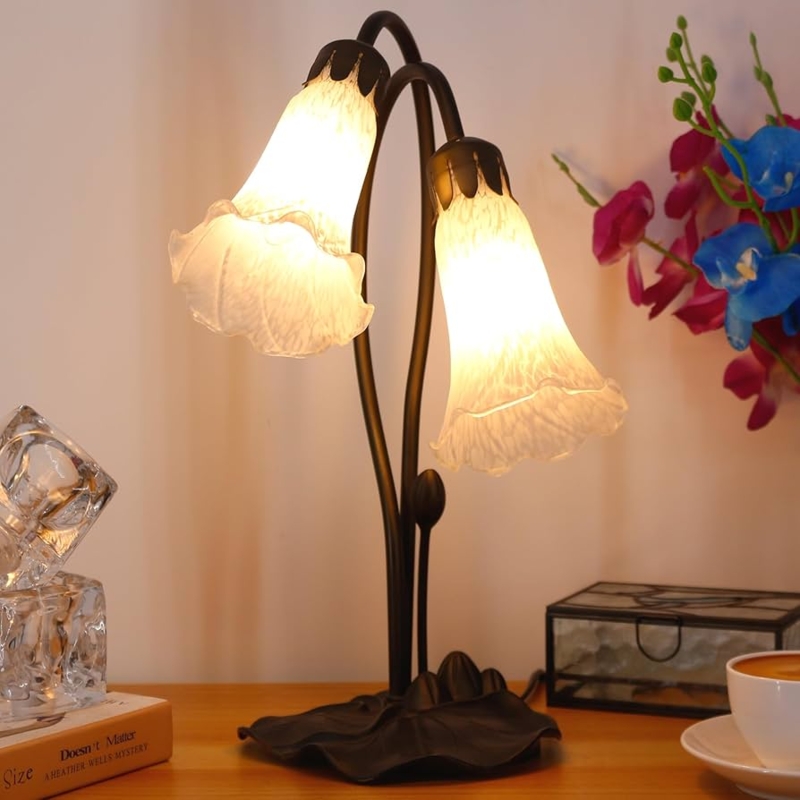 Table Lamp: Twin Light Lily, Alabaster White Shades, Lotus Leaf Base