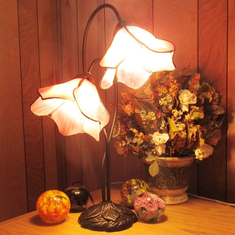 Table Lamp: Twin Lily Stained Glass, Satin Bronze Leafy Base, Blush Pink