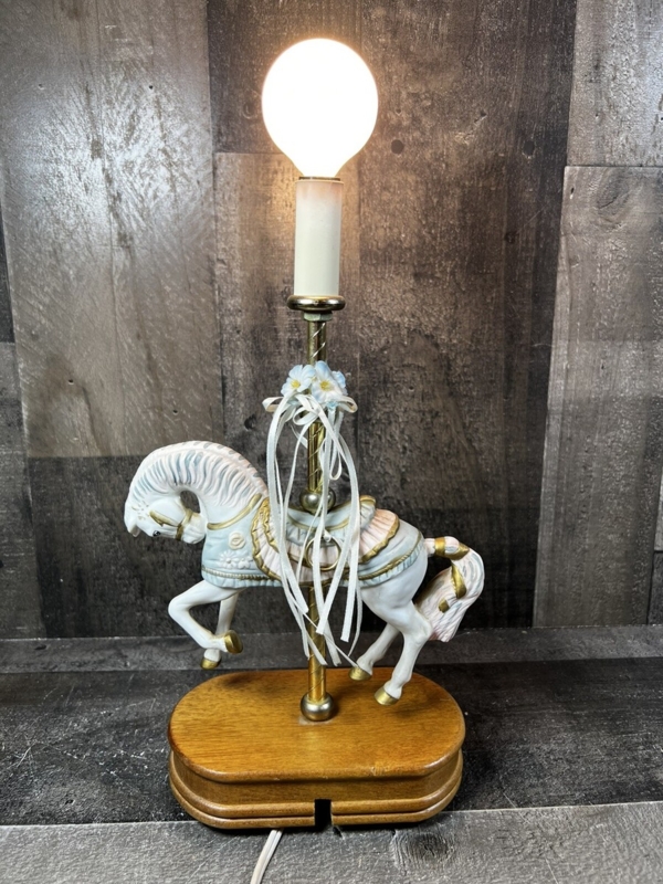 Table Lamp: Vintage Porcelain Carousel Horse, Pastel Blue, Ribbon Accents
