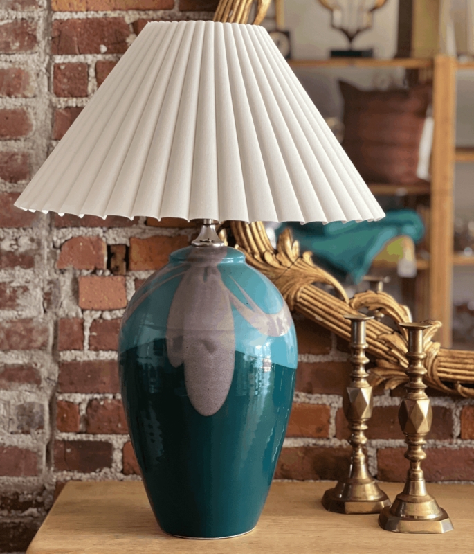 Table Lamp Vintage Pottery Pleated Conical Shade Teal and Purple