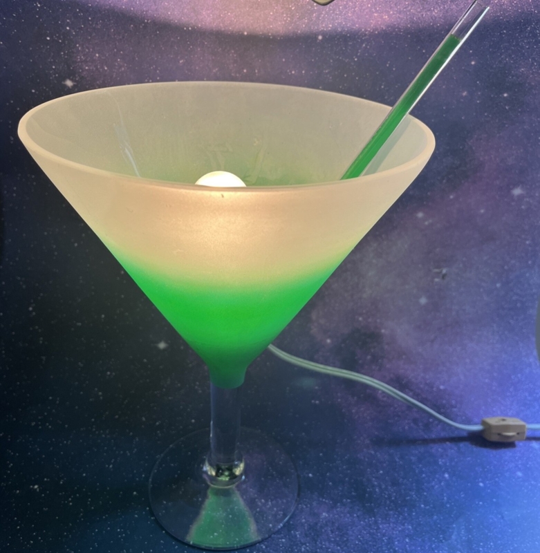 Table Lamp: Vintage Style Frosted Lucite Martini Glass, Neon Green.