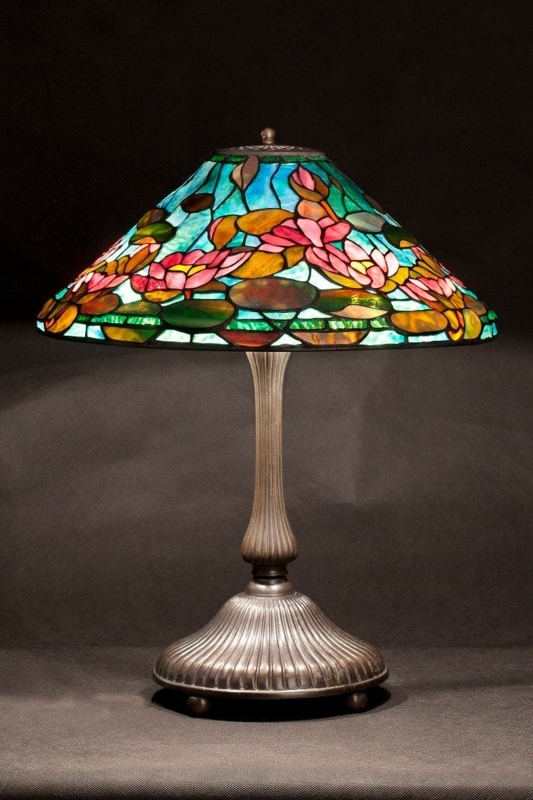 Table Lamp: Water Lily Stained Glass Conical Shade, Fluted Bronze Base