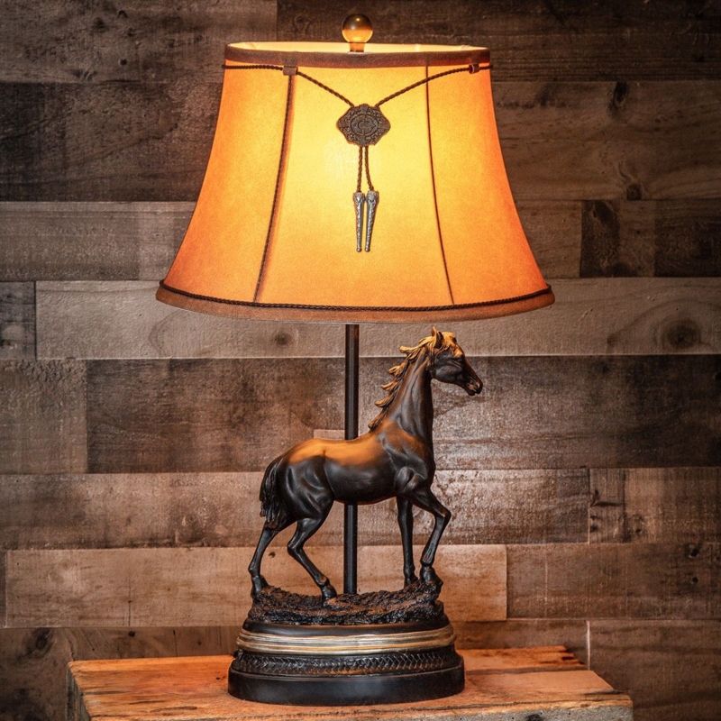 Table Lamp: Western Horse Sculpture, Bolo Tie Accent, Rustic Lodge Decor