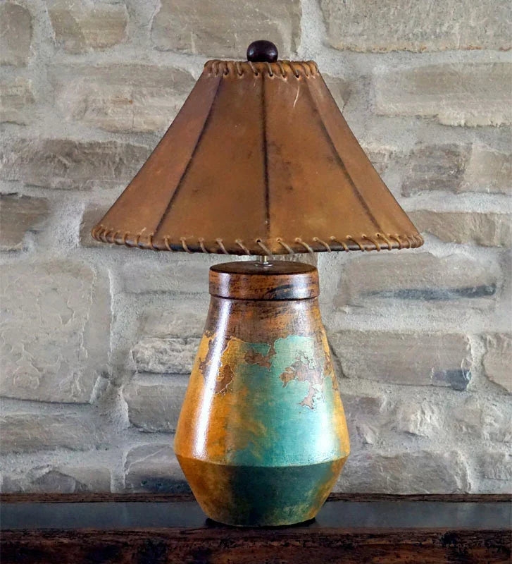 Table Lamp Western Rustic Whipstitched Rawhide Shade Tapered Base