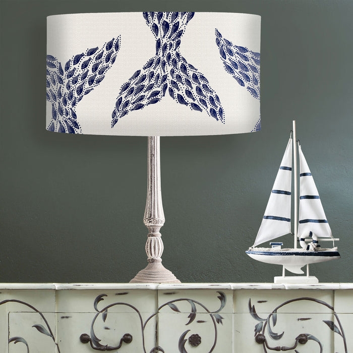 Table Lamp Whale Tail Pattern Fish Motif Drum Shade Navy Coastal