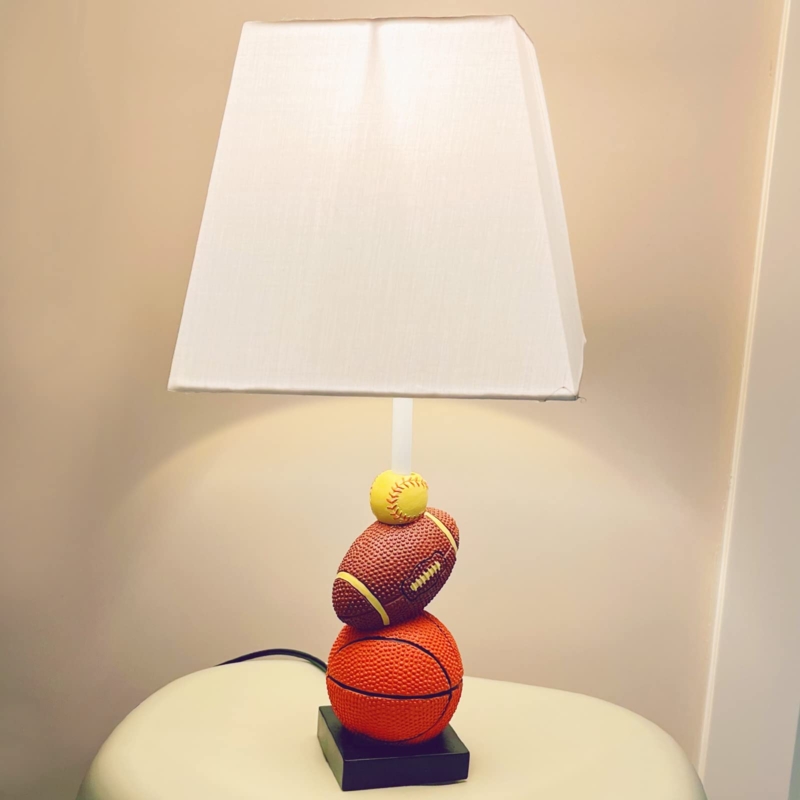 Table Lamp White Tapered Shade Stacked Sports Balls Kids Bedroom Accent