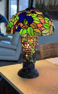 Table Lamp with Lighted Stained Glass Base and Grape Motif Shade