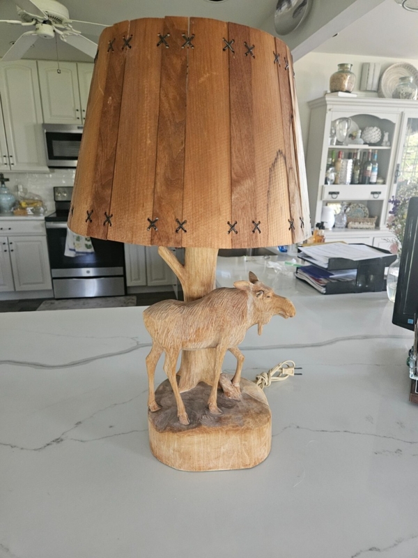 Table Lamp Wood Slat Shade, Moose Sculpture, Cross Stitched Accents