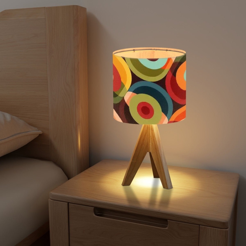 Table Lamp Wooden Tripod Base Colorful Retro Geometric Shade