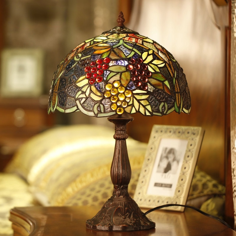 Table Lamp Zinc Alloy Ornate Pedestal Base Jewel Tone Grape Glass