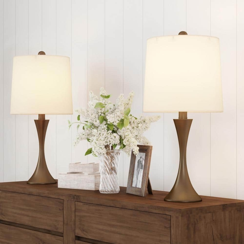 Table Lamps Pair Bronze Metal Flared Trumpet Base Finial