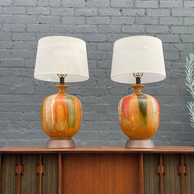 Table Lamps Pair Drip Glaze Ceramic Bulbous Base Vintage