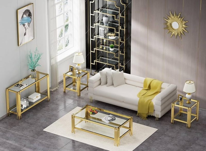 Table Set: Ribbed Gold Legs, Tempered Glass Tops, Modern Glam Aesthetic