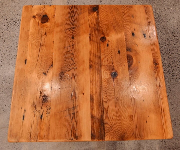 Table Top: Reclaimed Wood Planks, Visible Knots, Honey Brown Finish