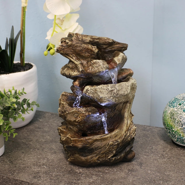 Tabletop Fountain with Integrated LEDs and Wood-Toned Finish