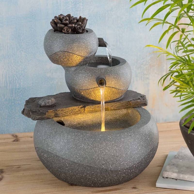 Tabletop Fountain with Three-Tier Cascading and Speckled Stone Finish
