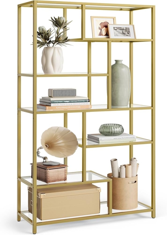 Tall Bookcase: Polished Metallic Gold Staggered Compartments Modern Glam