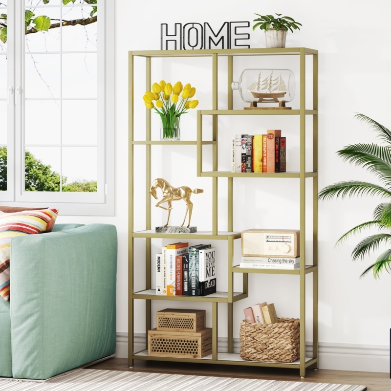 Tall Bookshelf Etagere: White Stone-Like Tiers with Geometric Layout